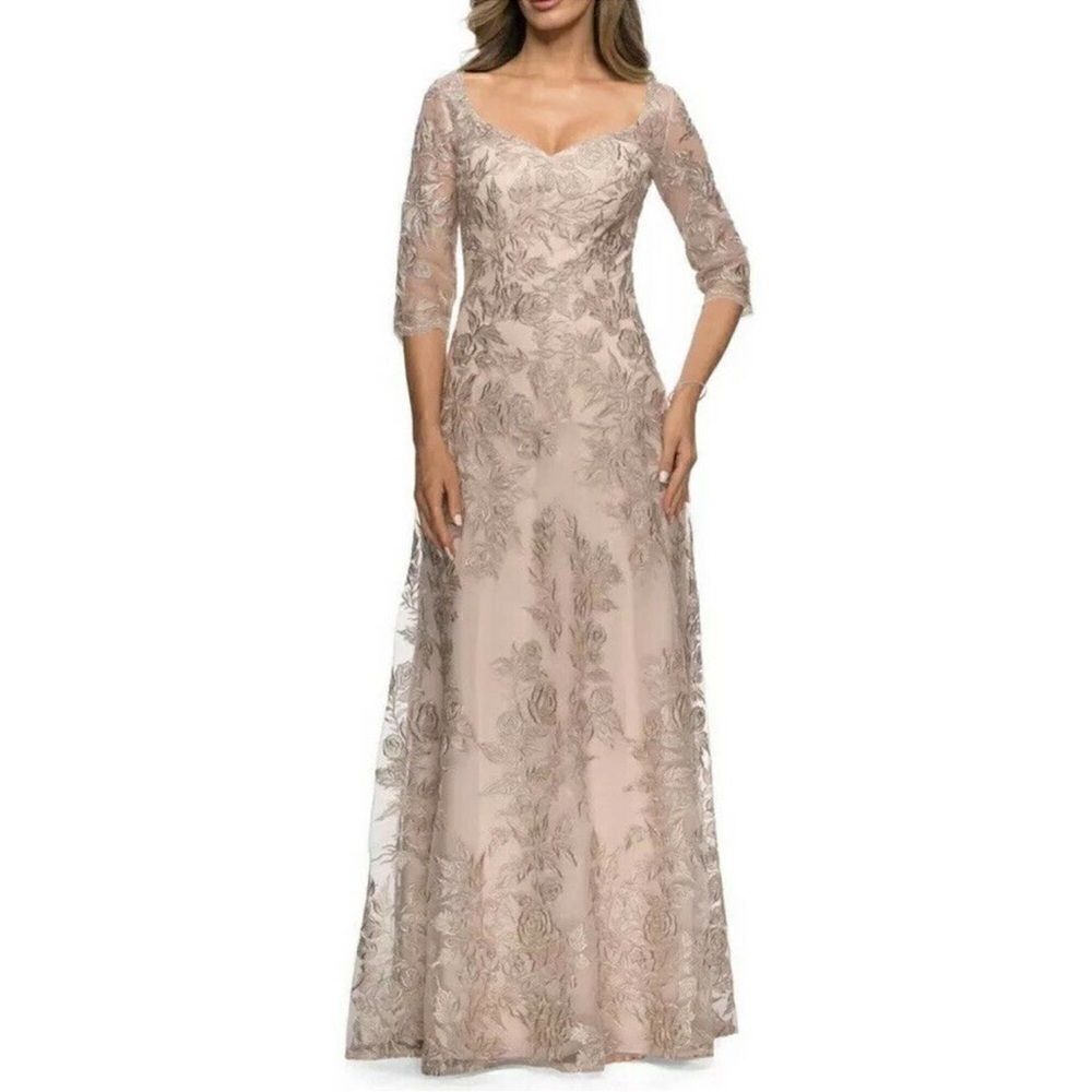 La Femme Women’s Floral Embroidered Mesh A-Line Gown Dress - Picture 2 of 16